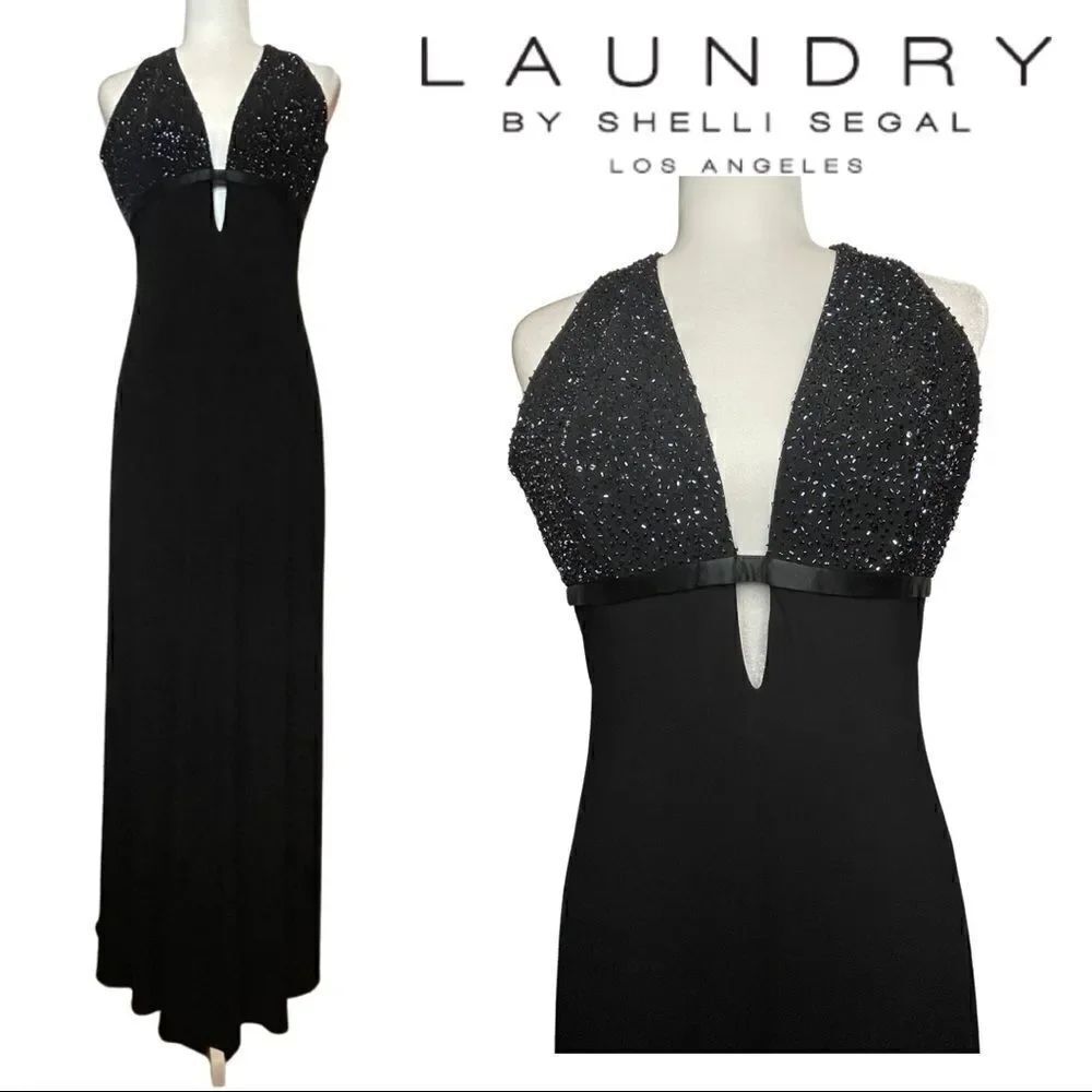 Laundry by Shelli Segal Stunning Beaded Bodice Draping Floor Length Dress Size 4